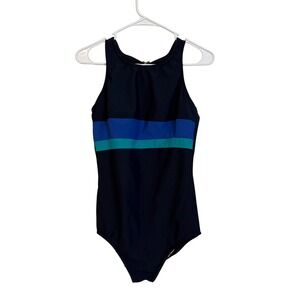 Lands End Womens Navy Blue Colorblock High Neck One Piece Swimsuit Size 14